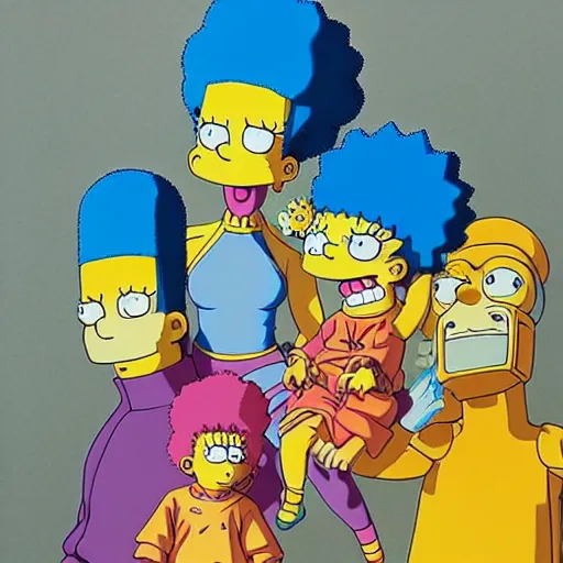 Image similar to marge simpson and her new family from naruto drawn by zdislaw beksinski, hajime sorayama and moebius hyperrealistic