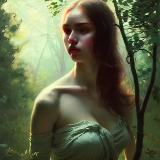 Image similar to young angry woman, beautiful girl, full body, no hair, in a forest, realistic, serov, surikov, vasnetsov, repin, kramskoi, insanely detailed, charlie bowater, tom bagshaw, high resolution, octane rendered, unreal engine, illustration, trending on artstation, masterpiece, 8 k