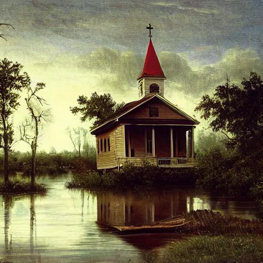 Prompt: 1 9 e century southern gothic scene, old white wooden church in bayou swamps, in louisiana, old painting style lagerstedt, mikko