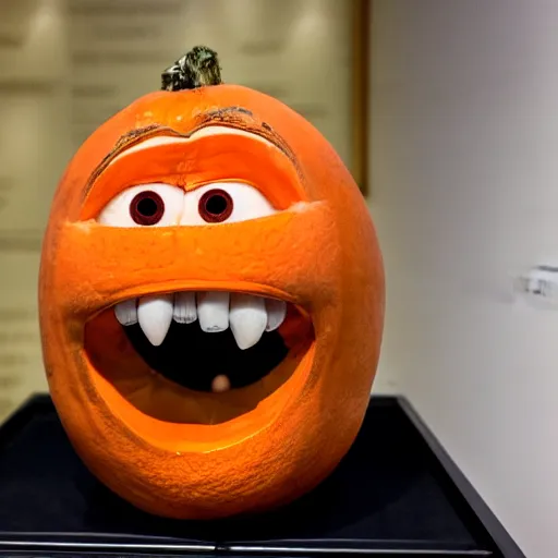 Image similar to a taxidermized annoying orange, in a museum, 8 5 mm lens, 7 0 mm entrance pupil diameter