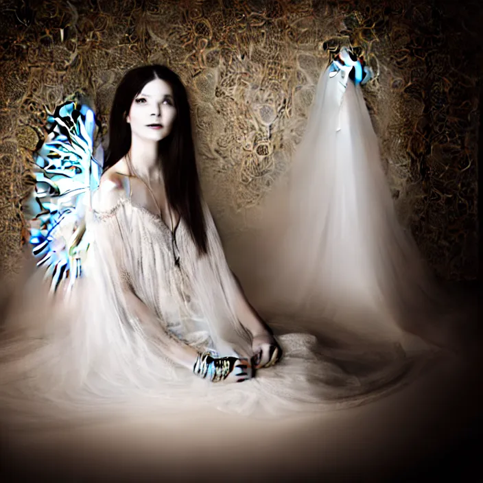 Prompt: portrait of a beautiful woman like a fallen angel, total body dressed in long intricate ornamental white dress, fine art photography by Lindsay Adler, sitting in an hall of an haunted house professional studio lighting, volumetric lighting, dark colors , hyper realistic kodak photography