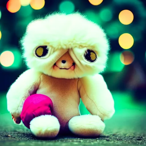 Image similar to lomography long shot of cute plush fluffy chthonic monster made to look like a baby, bokeh background, lsd colors