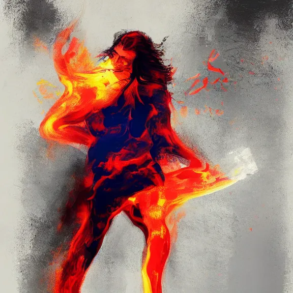 Image similar to abstract painting of man on fire. Handsome. Long hair. portrait. ArtStation. Impressionist. Rule of thirds. Silouette. Pain.