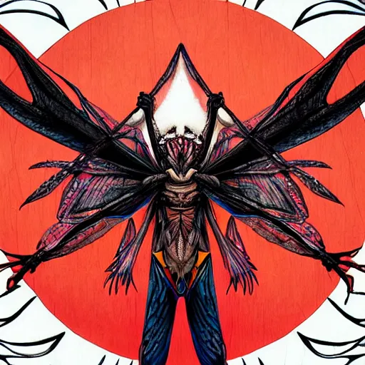 Image similar to 4K headshot of mothman with defined arms and open hands and bloody clothes with giant mandala wings , intricate face , flawless anime cel animation by Kentaro Miura, psychedelic , highly detailed upper body , professionally post-processed , beautiful, scary, symmetry accurate features, epic, octane rendered, anime masterpiece, accurate