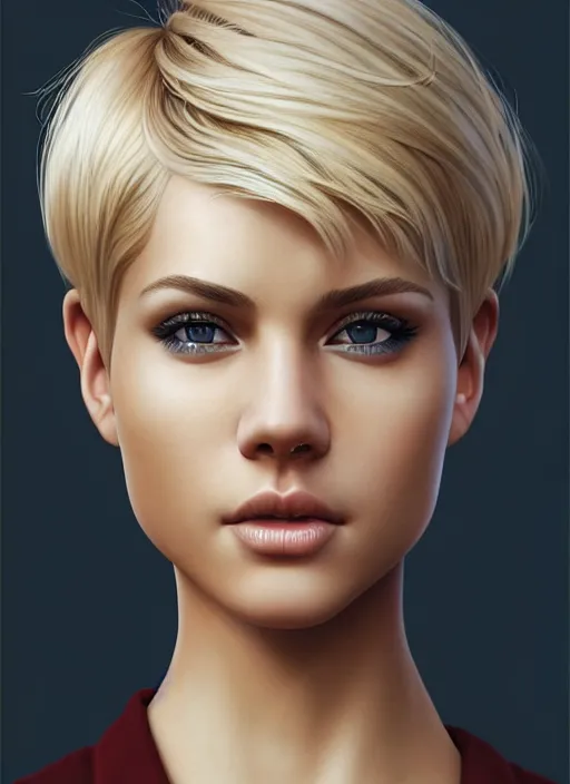 Prompt: photo of a gorgeous young woman with blonde hair, pixie cut, in the style of stefan kostic, realistic, sharp focus, 8k high definition, insanely detailed, intricate, elegant, art by stanley lau and artgerm