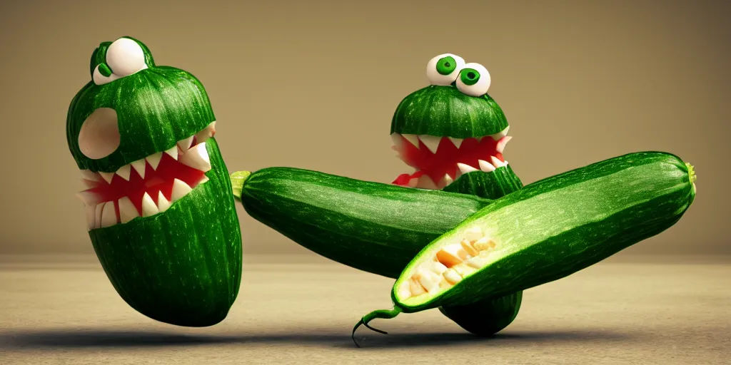 Image similar to detailed 3 d render of a bad zucchini character with arms and legs and a long sword!! chasing after a tomato character, hyper realistic octane render, cinematic lighting, deviantart, frame from independent movie