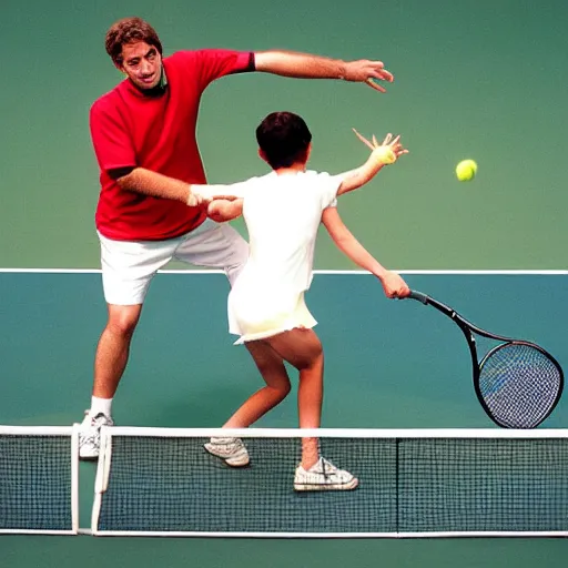 Prompt: A humanoid fridge is playing tennis against Garfield the cat