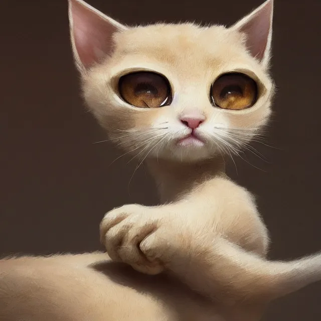 Image similar to a painting of a cute light beige kitten. brown ears. brown face. brown legs. brown tail. white paws. big eyes. character design by cory loftis, fenghua zhong, ryohei hase, ismail inceoglu and ruan jia. volumetric light, detailed, rendered in octane
