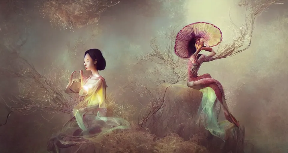 Image similar to asian female wearing a luminous jelly fish armor. soft. fragile. by ray caesar. by louise dahl - wolfe. by andrea kowch. by anna claren. surreal photography