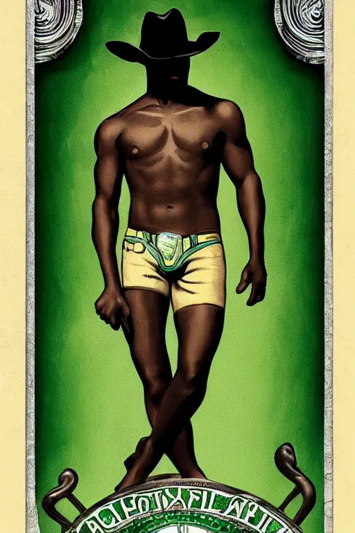 Prompt: tarot card of a beautiful shirtless black cowboy in a cowboy hat, green background with silver trim, homoerotic, art deco, art nouveau, trending on artstation