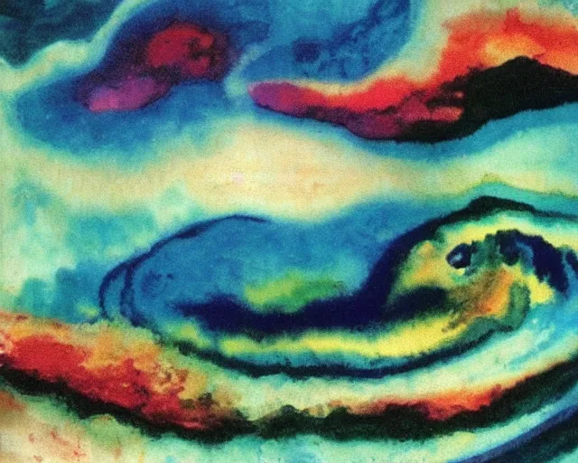 Image similar to Ocean waves in a psychedelic dream world. DMT. Curving rivers. Emil Nolde. Zao Wou-ki. Minimalist.