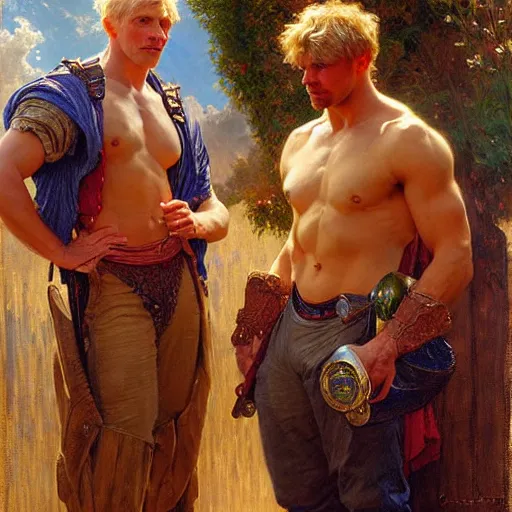 Prompt: attractive muscular arthur pendragon and muscular attractive merlin go to a pub together to have some drinks. highly detailed painting by gaston bussiere, craig mullins, j. c. leyendecker, alphonse mucha 8 k