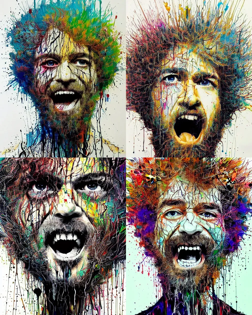 Prompt: symmetrical!! portrait of a screaming bob ross by carne griffiths, masterpiece, dripping paint, realistic eyes