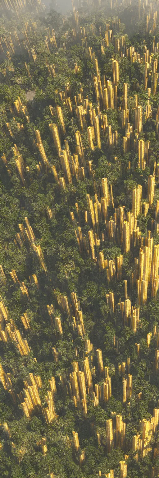 Prompt: photo of vertical golden village in the form of a tower, arid mountains and lush palm forest, photo realism, sharp focus, octane