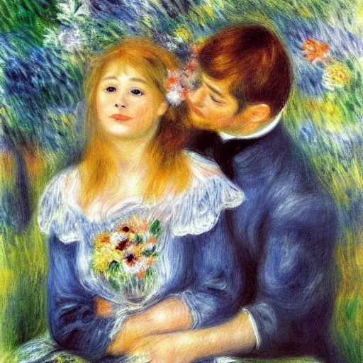 Prompt: a perfect painting, intricated detailed painting in the style of Pierre-Auguste Renoir, of a dream that I dreamt that we left all the pain and sorrows behind. We looked into our eyes as we placed our hands on each other’s chest, and all the love and happiness that had been dampened by our wounds emerged like a sprout. It felt like home. Our bodies were covered by soothing colors. Blue, violet, pink and white rays of light caressed our hearts, and suddenly, we were one. It was always meant to be that way, even though our heads tried to fool us in the past. We were one. ethereal lights, details, smooth, sharp focus, illustration, realistic, cinematic, artstation, award winning, rgb , unreal engine, octane render, cinematic light, macro, depth of field, blur, red light and clouds from the back, highly detailed epic cinematic concept art CG render made in Maya, Blender and Photoshop, octane render, excellent composition, dynamic dramatic cinematic lighting, aesthetic, very inspirational, arthouse.