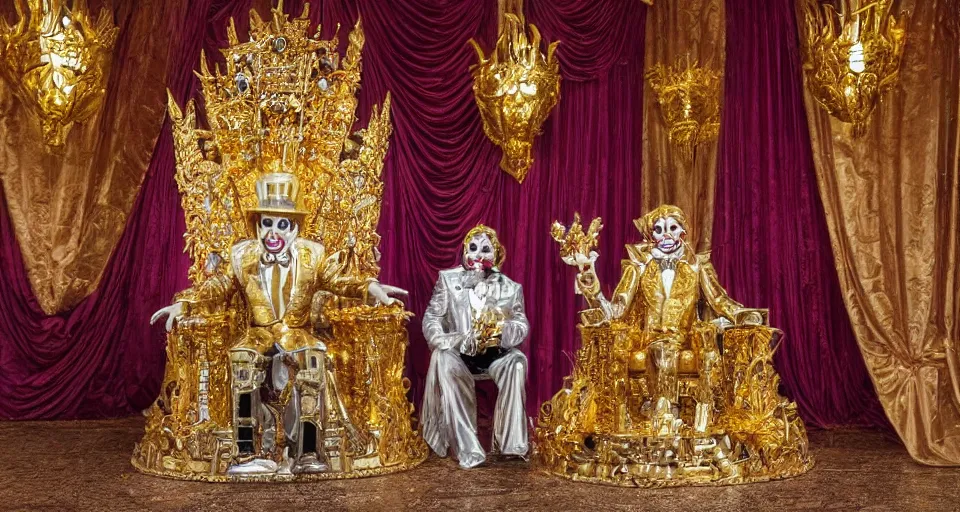 Prompt: shining majestic throne made of millions of diamonds, gold and zaphires with thousands of light reflections, and a clown on a suit is sitting on the throne while handing a globe, cartoon style, dramatic light