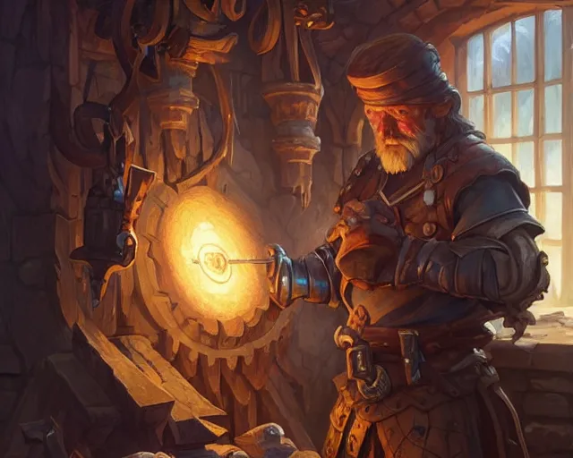 Image similar to a blacksmith looking at his armory, deep focus, d & d, fantasy, intricate, elegant, highly detailed, digital painting, artstation, concept art, matte, sharp focus, illustration, hearthstone, art by artgerm and greg rutkowski and alphonse mucha