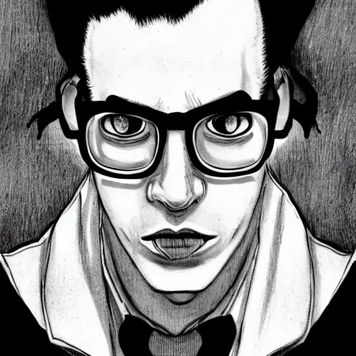 Prompt: a bookish vampire with glasses, character portrait, detailed ink drawing, black and white, 9 0 s vibe, concept art by tim bradstreet