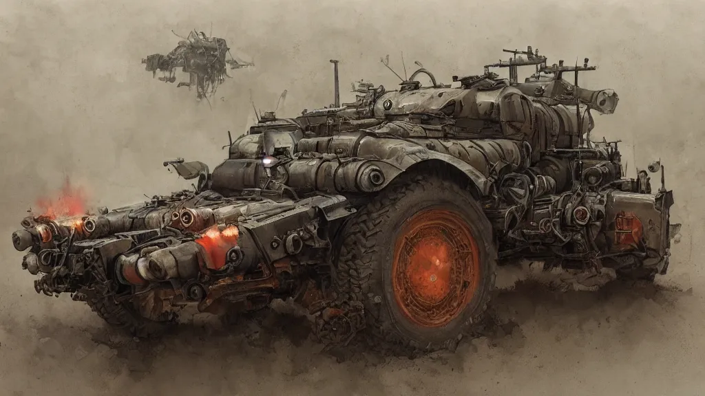 Image similar to overview of dieselpunk vehicle, watercolored, jakub rozalski, dark colours, dieselpunk, artstation