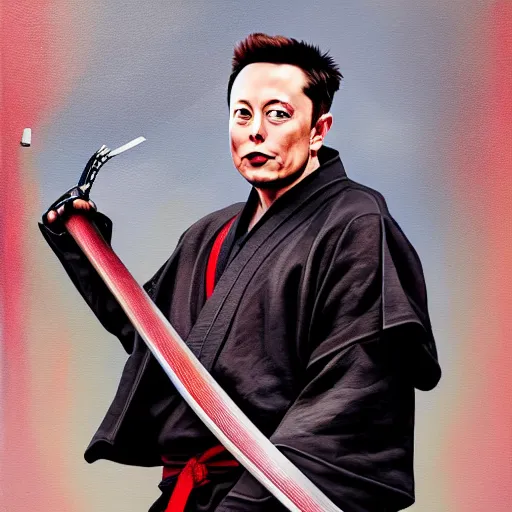 Image similar to a painting of elon musk in samurai armor and holding a katana in his hands, 4 k, hyper realistic, dslr, high resolution, landscape, beautiful