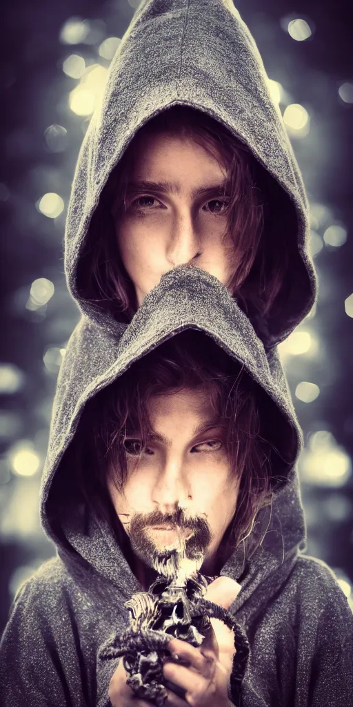 Image similar to portrait of a mysterious wizard with a Hood, bright eyes, fantasy, photorealistic, bokeh, magic lights, cinematic