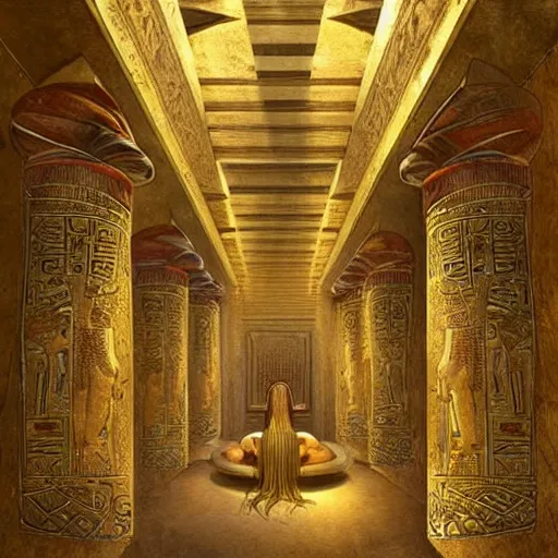 Prompt: an ancient undiscovered egyptian treasure room entirely made of shiny gold, full of ingots and gems and precious, concept art, architecture design, pyramids style, art by charlie bowater