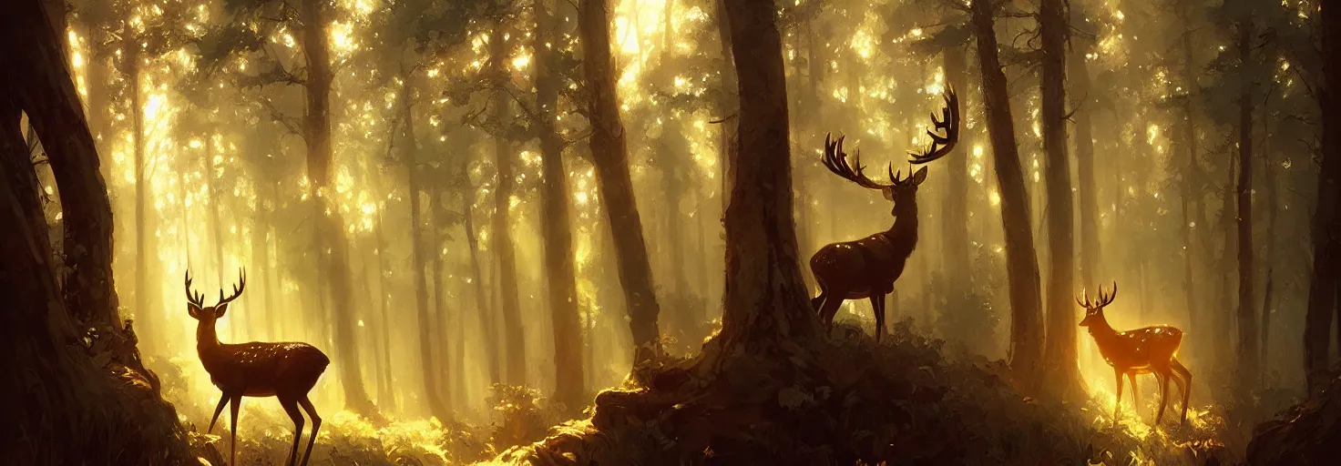 Image similar to Deer in Sherwood Forest, full frame, highly detailed, digital painting, artstation, concept art, smooth, sharp focus, illustration, art greg rutkowski and alphonse mucha