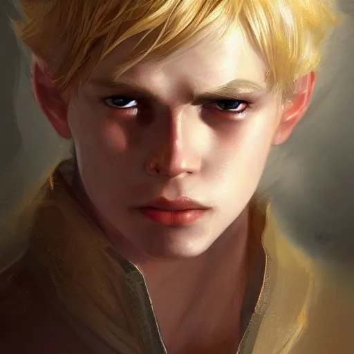 Prompt: portrait of a young, blonde boy, thief with daggers, D&D, fantasy, intricate, cinematic lighting, highly detailed, digital painting, artstation, concept art, smooth, sharp focus, illustration, art by Hajime Sorayama