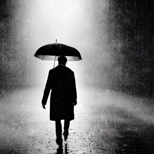 Prompt: A dramatic portrait of a detective in yellow rain coat , red umbrella , walking in a black and white street . Cinematic lighting