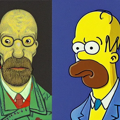 Image similar to portrait of homer simpson, mash - up between mc escher and vincent van gogh