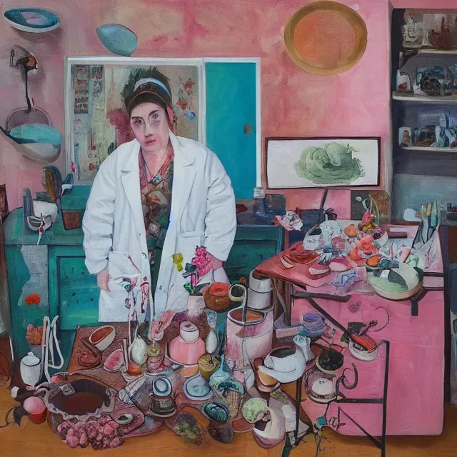 Image similar to a self - portrait in a female artist's bedroom, a female pathologist with a piglet, a pomegranate, pork, surgical equipment, handmade pottery, plants in beakers, feminine, sensual, octopus, squashed berries, pancakes, neo - expressionism, surrealism, acrylic and spray paint and oilstick on canvas