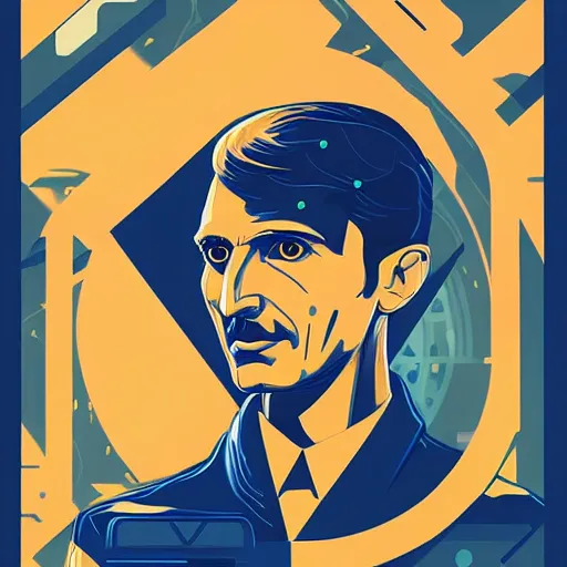 Image similar to majestic futuristic visionary inventor nikola tesla profile picture by sachin teng, masterpiece, organic painting, matte painting, technical geometrical drawing shapes, lightning electricity coil, hard edges, graffiti, street art by sachin teng