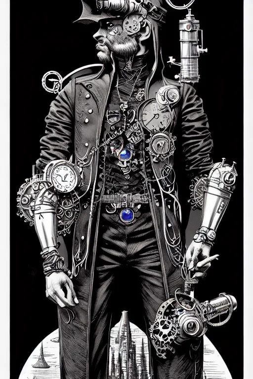 Prompt: side view of a majestic steampunk alchemist clooked male wizard holding his arm out, high details, bold line art, by vincent di fate and joe fenton, inking, etching, screen print, masterpiece, trending on artstation, sharp, high contrast, hyper - detailed,, hd, 4 k, 8 k