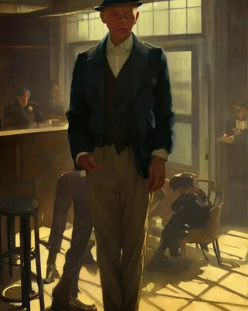 Image similar to young frank sinatra as a poor dystopian dieselpunk soviet bartender. art by greg rutkowski, gustave courbet, rosa bonheur, edward hopper. faithfully depicted facial expression, perfect anatomy, sharp focus, global illumination, radiant light, detailed and intricate environment, trending on artstation