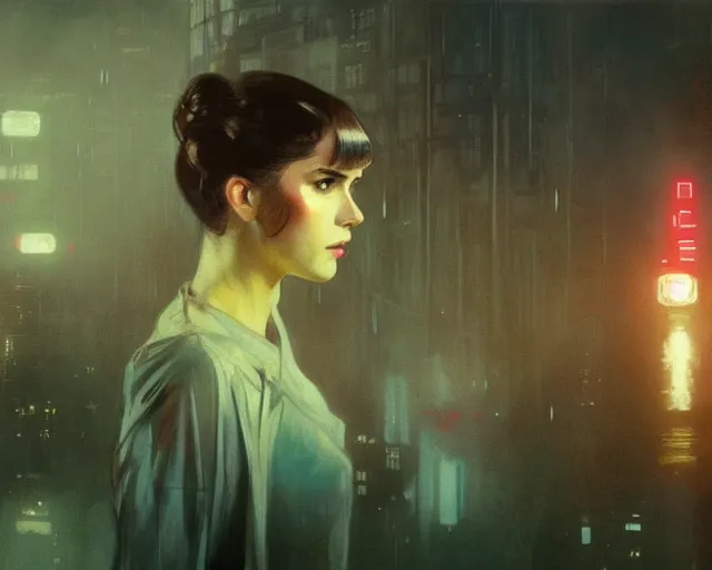 Image similar to 2 0 1 8 blade runner movie still girl look at the cityscape from roof perfect face fine realistic face pretty face neon puffy jacket blue futuristic sci - fi elegant by denis villeneuve tom anders zorn hans dragan bibin thoma greg rutkowski ismail inceoglu illustrated sand storm alphonse mucha