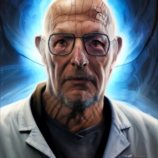 Image similar to marvel comic book style portrait painting of an old thin wispy man with a mean intelligent face, wearing a futuristic lab coat, standing in front of a computer simulation, sci - fi, intricate, elegant, highly detailed, digital painting, artstation, concept art, matte, sharp focus, illustration, art by artgerm and greg rutkowski and jim burns and alan lee