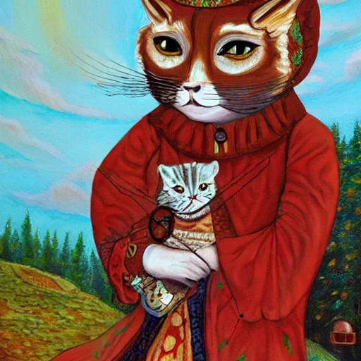 Prompt: Russian anthropomorphic cat person in folk clothing, fantasy painting