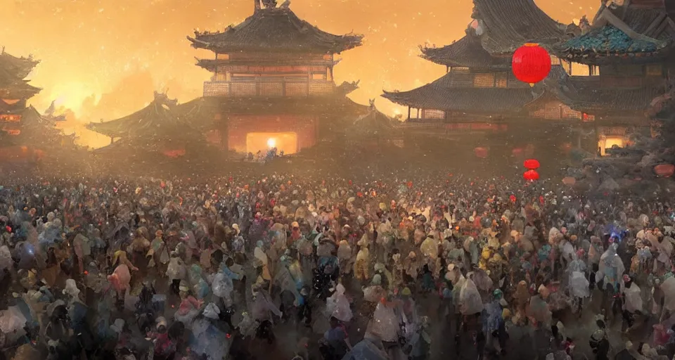 Prompt: craig mullins and ghibli digital art of zhongyuan festival in china ， lanterns ， unreal hell door with fire in the sky, black night sky, stars, below is the crowd, rivers, villages ， unreal engine, hyper realism, realistic shading, cinematic composition, realistic render, octane render, detailed textures, photorealistic, wide shot