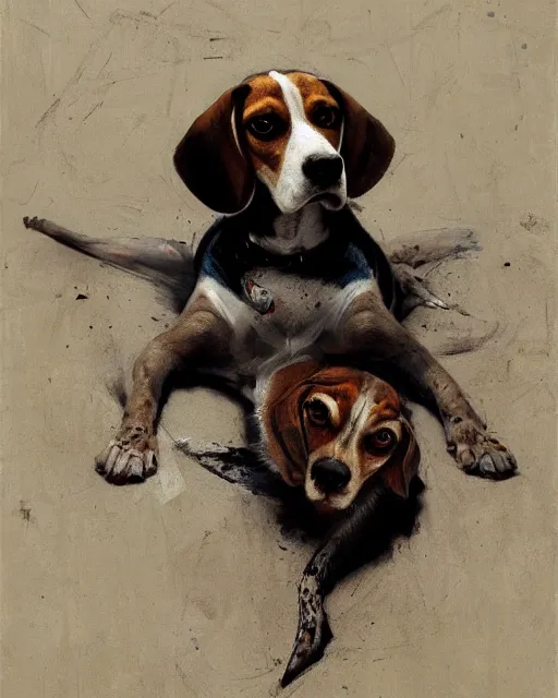 Image similar to detailed portrait of beagle lying on the bed by ismail inceoglu dragan bibin hans thoma greg rutkowski alexandros pyromallis nekro rene maritte illustrated, fine details, realistic shaded, fine - face, pretty