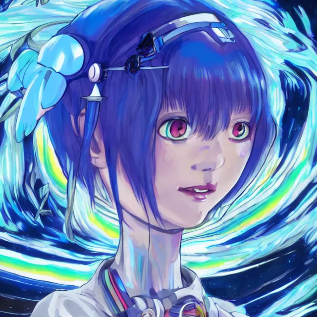 Image similar to rei ayanami, deep space, seascape, grimes, silver hair, shikinami asuka langley, card captor sakura, bunny ears, cosmos, psychedelic flowers, black opal, rainbow aura quartz, organic, oni compound artwork, of character, render, artstation, portrait, wizard, beeple, art, fantasy, epcot, psychedelic glitchcore