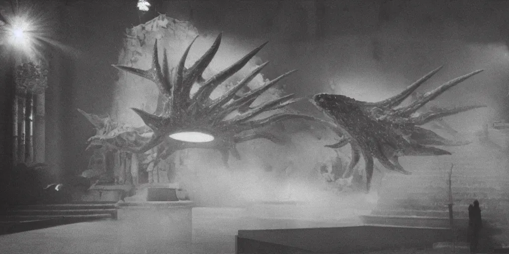 Image similar to light coming out of one bull - like kaiju starfish monster, korean film noir, korean traditional palace, pyongyang city, 1 9 6 0 s, red color bleed, 4 k, video compression, video glitch, monochrome, akira kurosawa