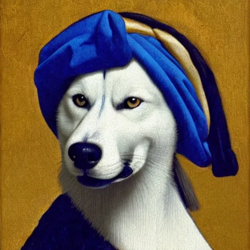 Prompt: A husky with a pearl earring by Johannes Vermeer