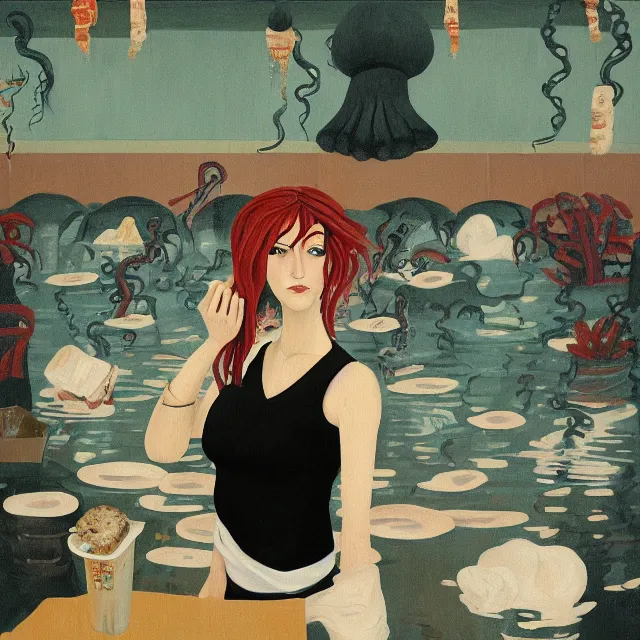 Image similar to tall female emo artist holding an octopus in a flooded cafe, bagels, pigs, water gushing from ceiling, painting of flood waters inside a cafe, a river flooding indoors, pomegranates, pigs, ikebana, water, octopus, river, rapids, waterfall, black swans, zen, canoe, berries, acrylic on canvas, surrealist, by magritte and monet