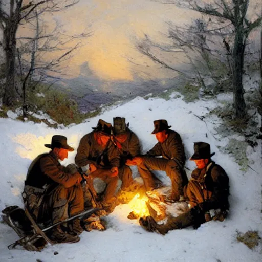 Image similar to civil war soldiers hunkering down in a trench in the snow, huddled around a small campfire for warmth at dusk. warm colors, hard angles, painting by gaston bussiere, craig mullins, j. c. leyendecker