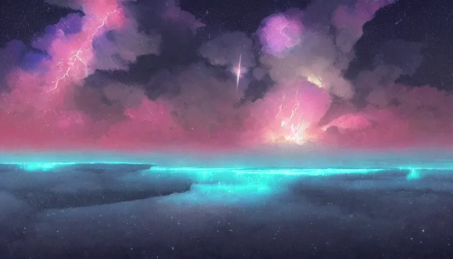 Image similar to A highly detailed digital art painting of icebergs near the tundra at night, shimmering starry nebula sky by Studio Ghibli, Makoto Shinkai, (((Makoto Shinkai))) by Artgerm, by beeple, volumetric lighting, octane render, 4K resolution, trending on artstation, masterpiece, vivid colours