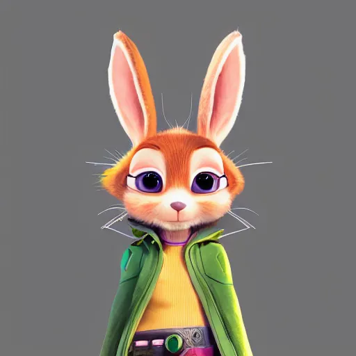 Image similar to portrait of a super cute cyberpunk bunny, a carrot, pixar, zootopia, cgi, blade runner. trending on artstation