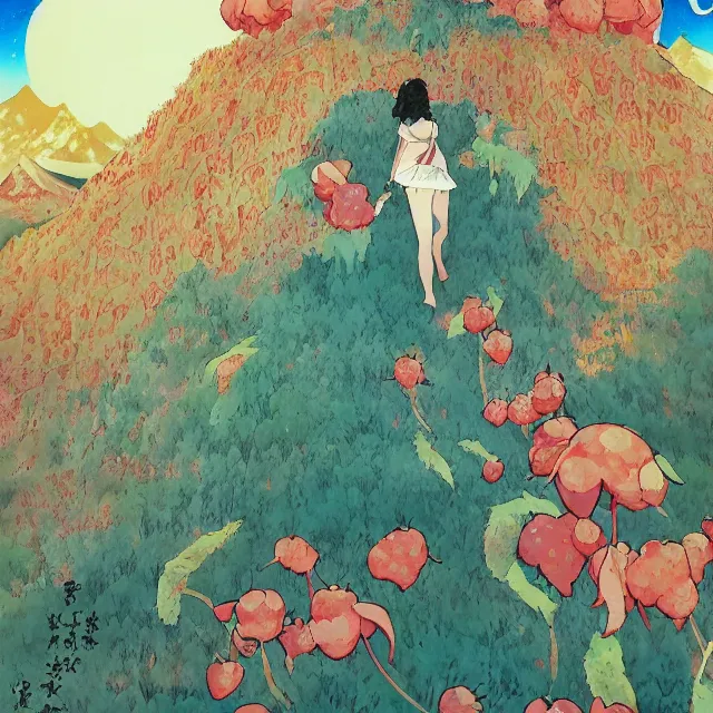 Prompt: the lone princess in the strawberry cream mountains. gouache and gold leaf by the award - winning mangaka