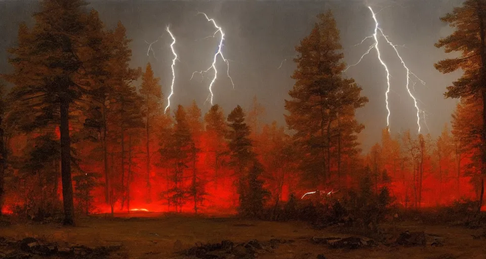 Prompt: red glow, windy, by eugene von guerard, ivan shishkin, night, lightning!!, storm!, dramatic lighting, concept art, trending on artstation, 8 k