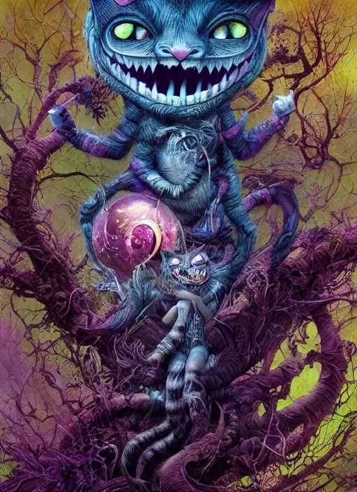 Image similar to cheshire cat, matrix, highly detailed, cinematic, 8 k, by megan duncanson, benjamin lacombe, adrian borda, stanley artgermm, tom bagshaw, craig mullins, carne griffiths, ayami kojima, beksinski, giger, trending on deviantart, hyper detailed, horror, full of colour