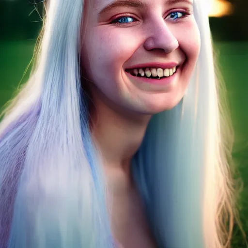 Image similar to beautiful hyperreal portrait of a cute young woman smiling softly, long white hair and bangs, flushed face, blue eyes, by juan francisco casas, golden hour, soft focus, 8 k, portra 4 0 0